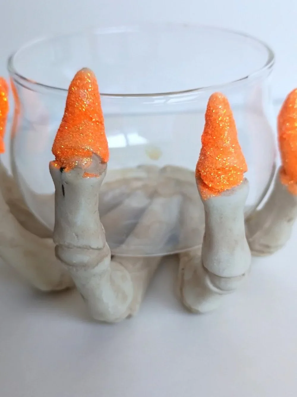 Set of 2 Halloween Ghoul Skelton Hand Glitter Nails Orange Green Candle Holders